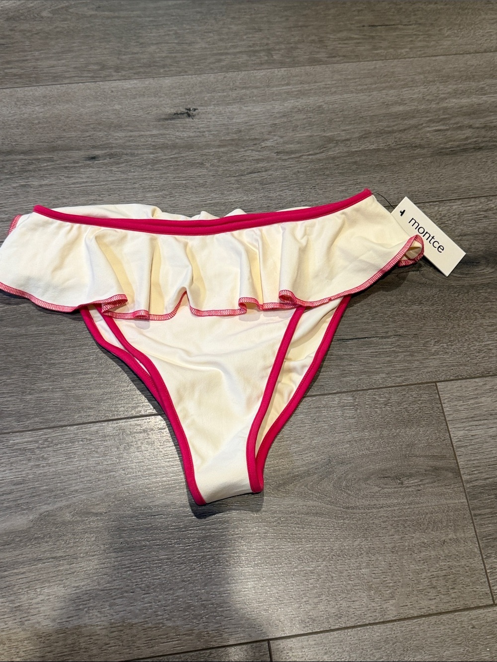 Montce Womens White Bikini Bottom with Hot Pink Trim and Ruffle Waist NWT XL
